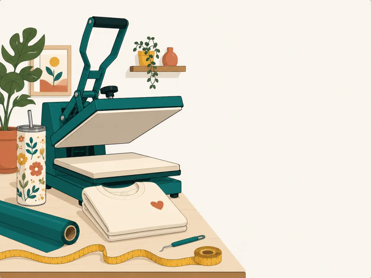 Craft workspace with a heat press, sublimation tumbler, folded t-shirt, vinyl roll, and measuring tape