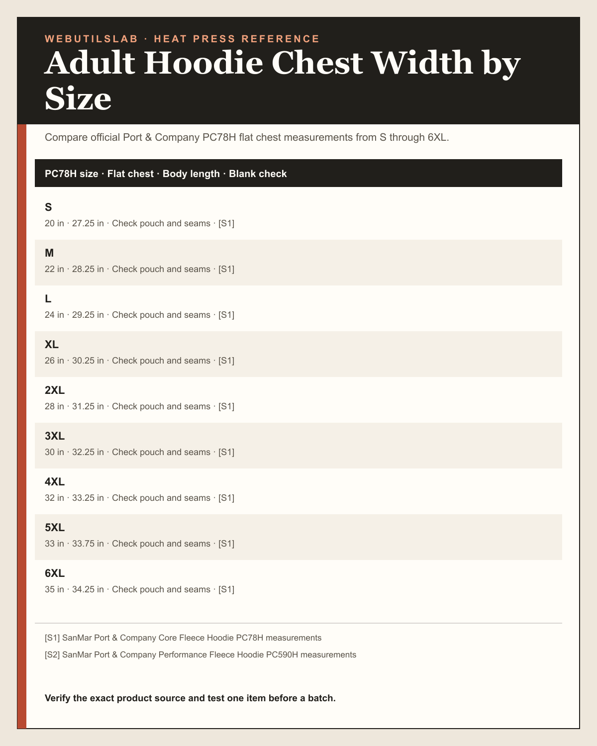 Adult Hoodie Chest Width by Size printable table preview