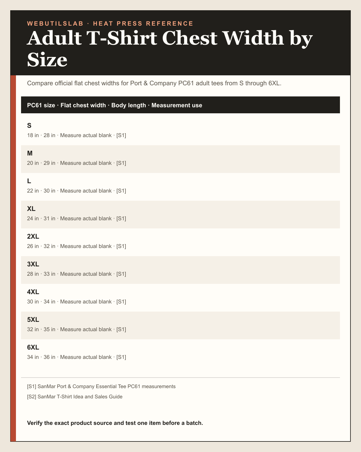 Adult T-Shirt Chest Width by Size printable table preview
