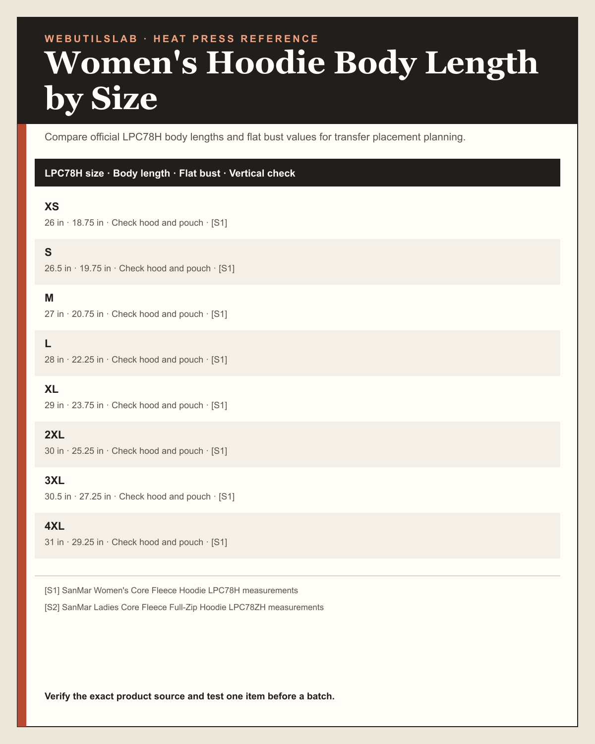 Women's Hoodie Body Length by Size printable table preview