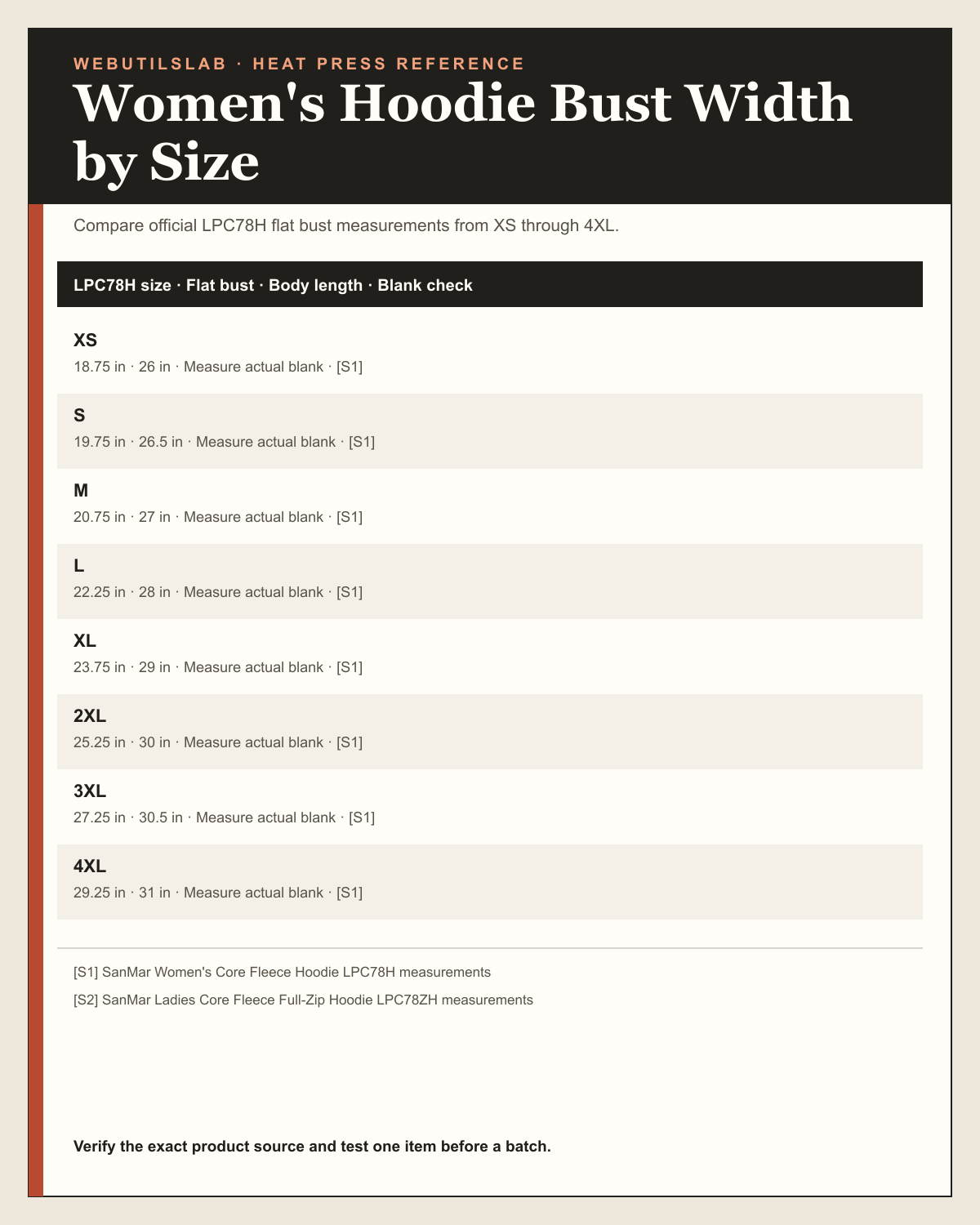 Women's Hoodie Bust Width by Size printable table preview