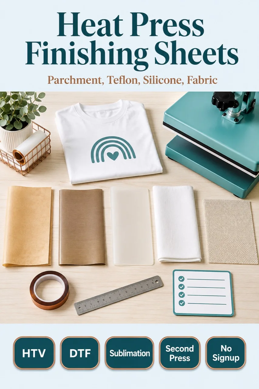 Heat press finishing sheets preview with parchment, Teflon, silicone, fabric, and second press badges