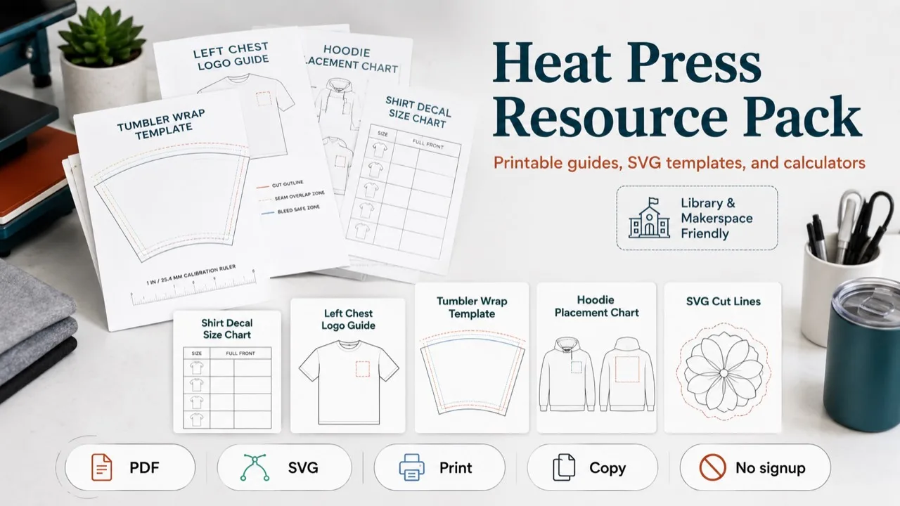 Illustrated heat press resource workspace with placement chart and SVG examples