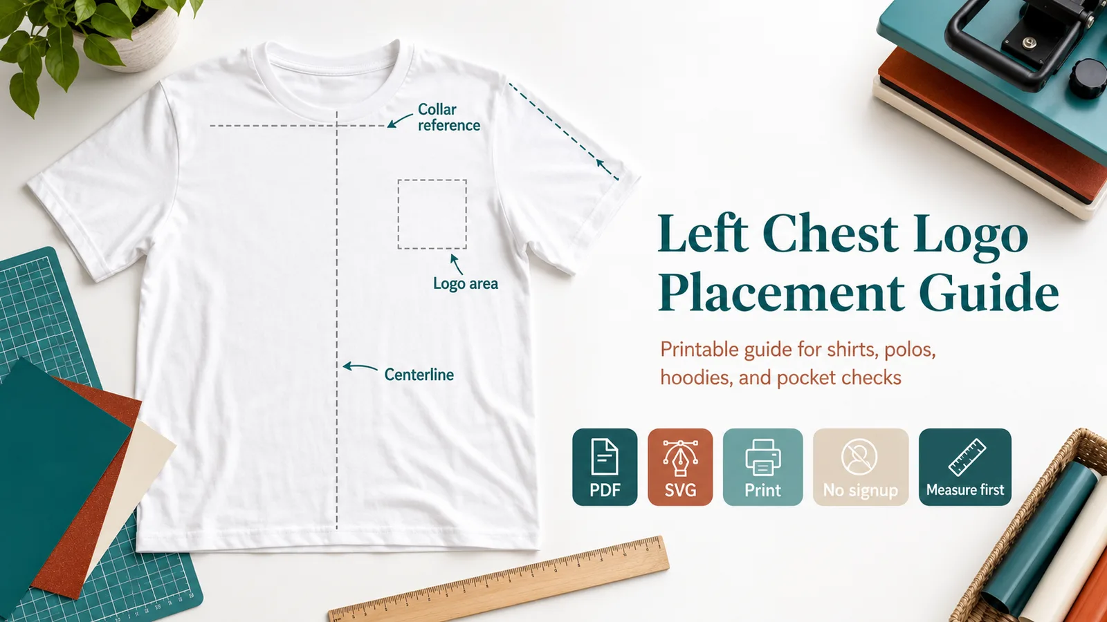 Left chest logo placement guide preview with a shirt centerline, collar reference, and logo area