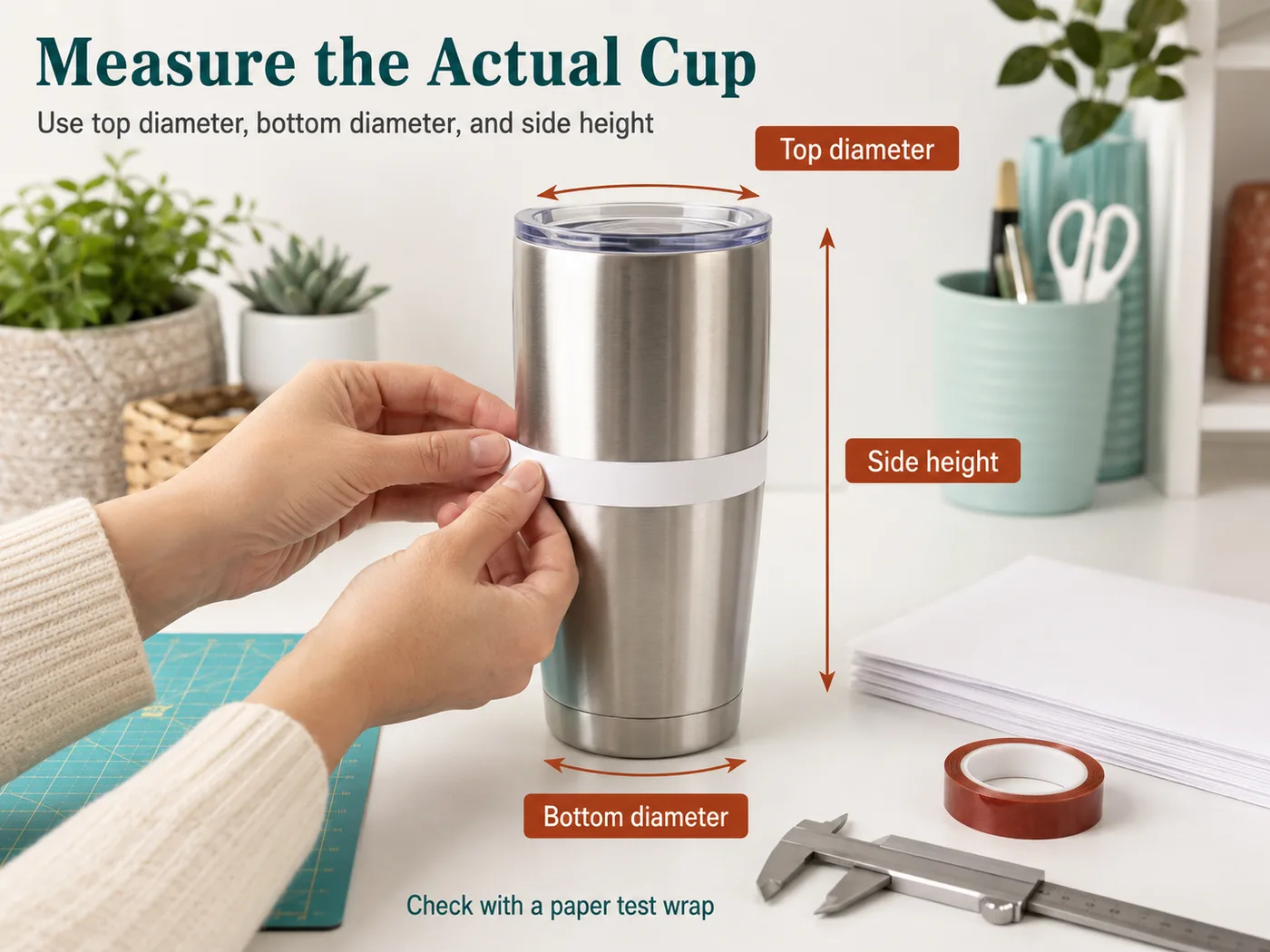 Hands measuring a stainless tumbler with labels for top diameter, bottom diameter, and side height