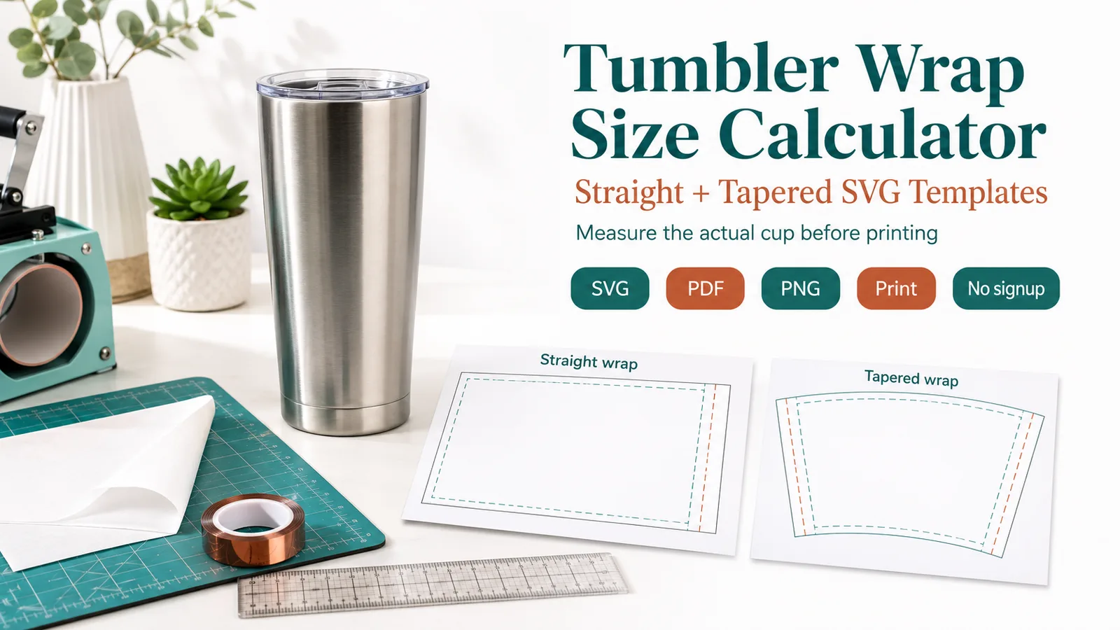 Tumbler wrap calculator preview with stainless tumbler and straight and tapered template sheets
