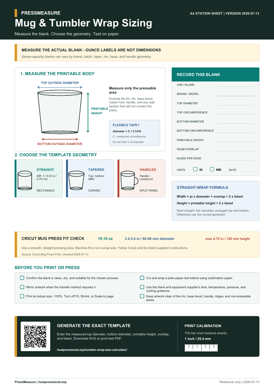Preview of the A4 mug and tumbler sizing station sheet PDF