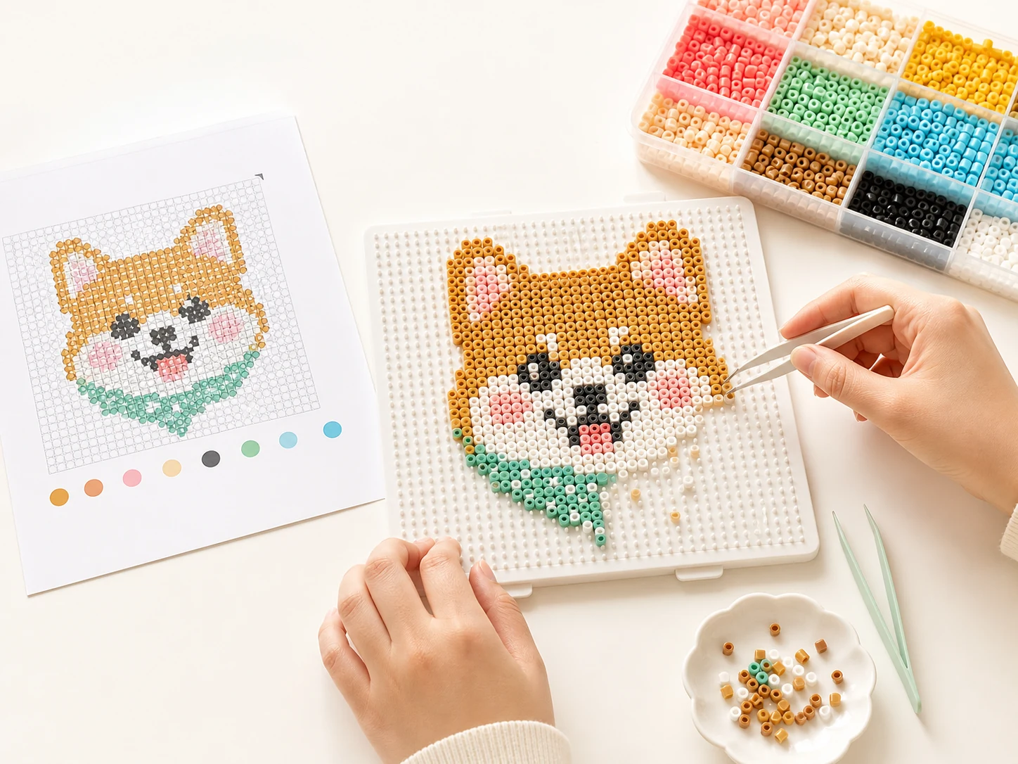 Colorful fuse beads being placed on a pegboard next to a printed pattern