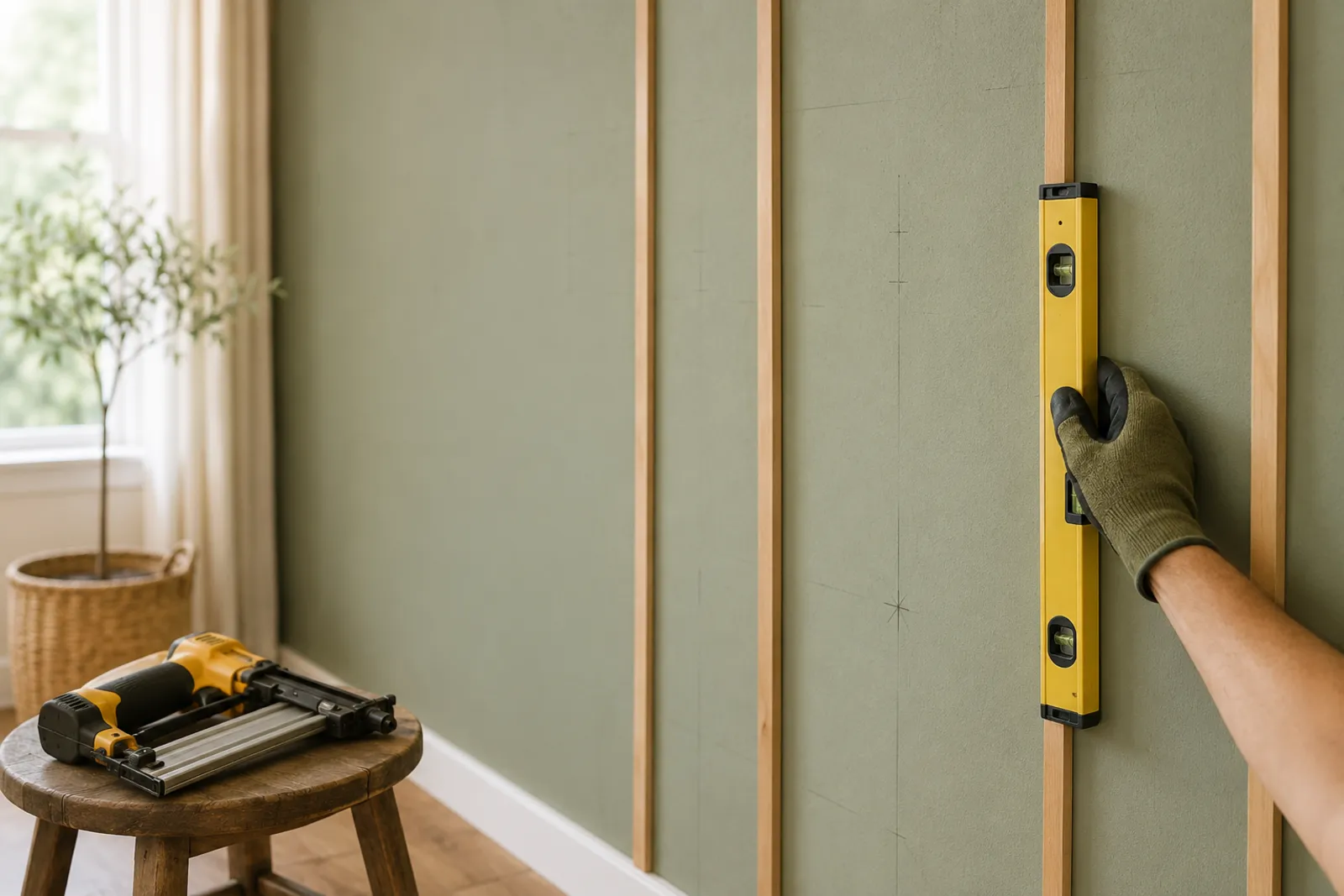 Leveling vertical battens on a sage green board and batten wall