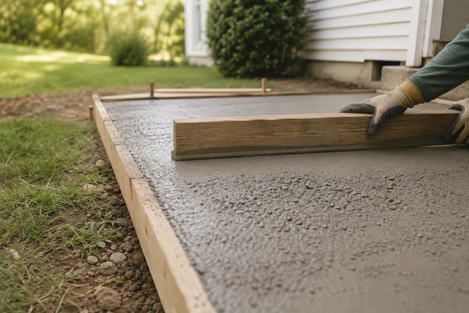 Screeding a freshly poured concrete slab inside wooden forms