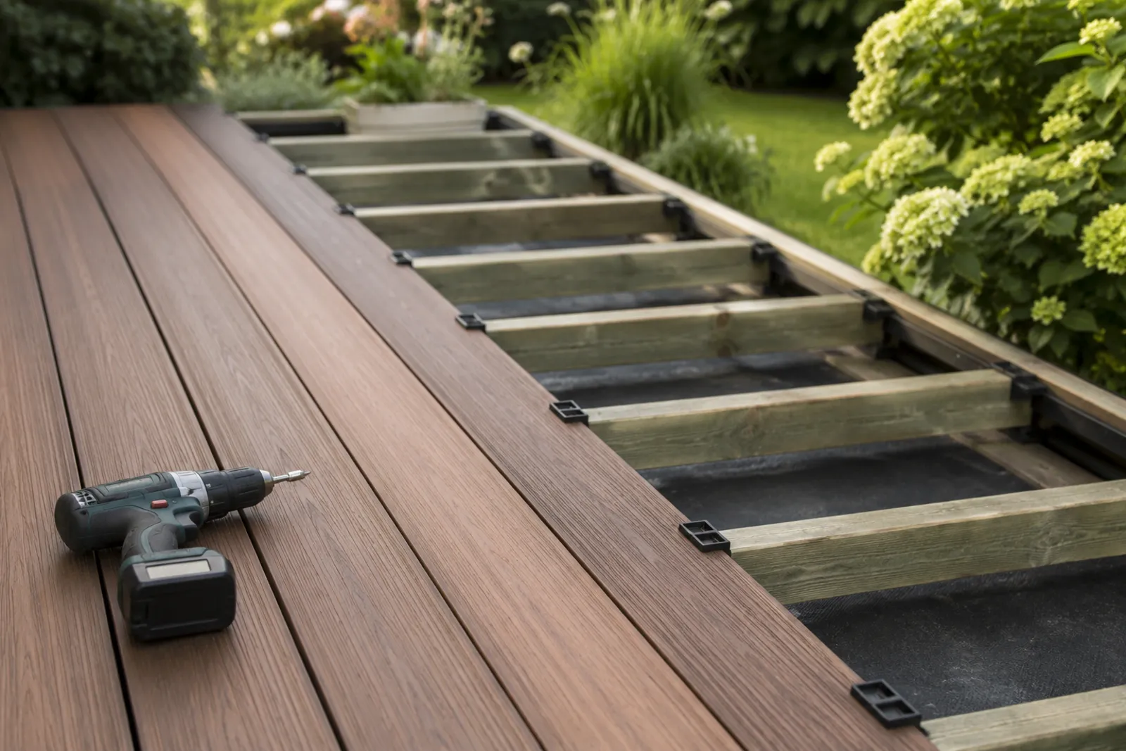 Installing composite deck boards over joists with hidden fastener clips