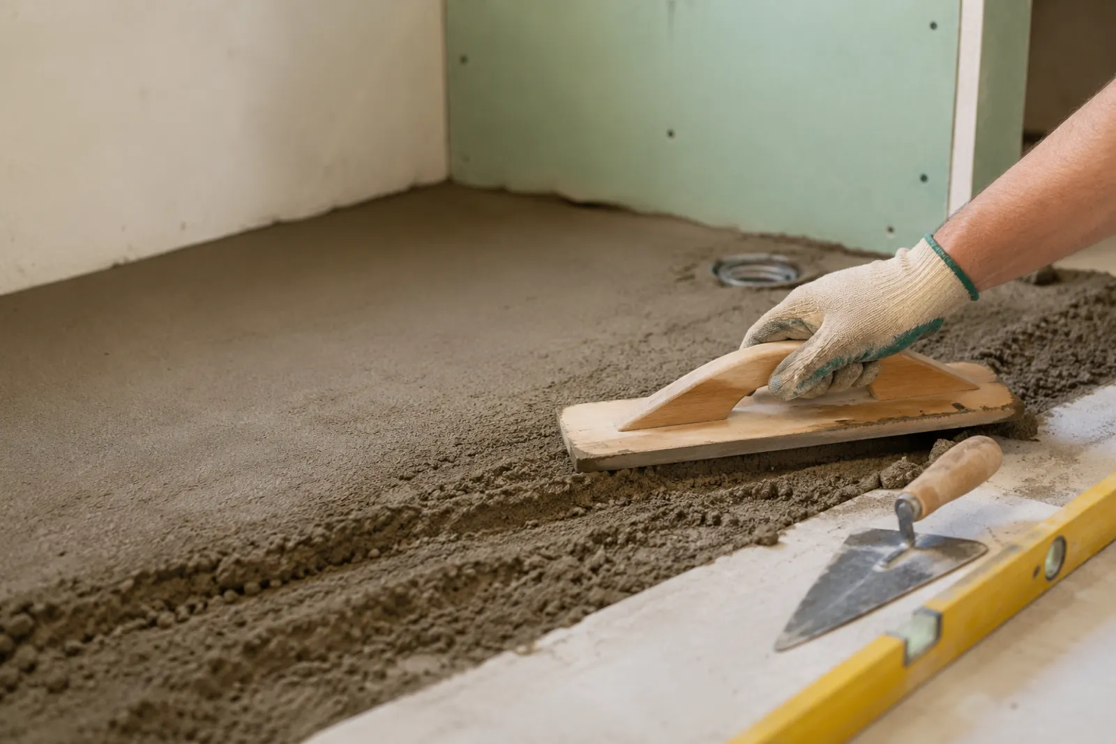Screeding a deck mud shower pan bed around the drain with a wood float