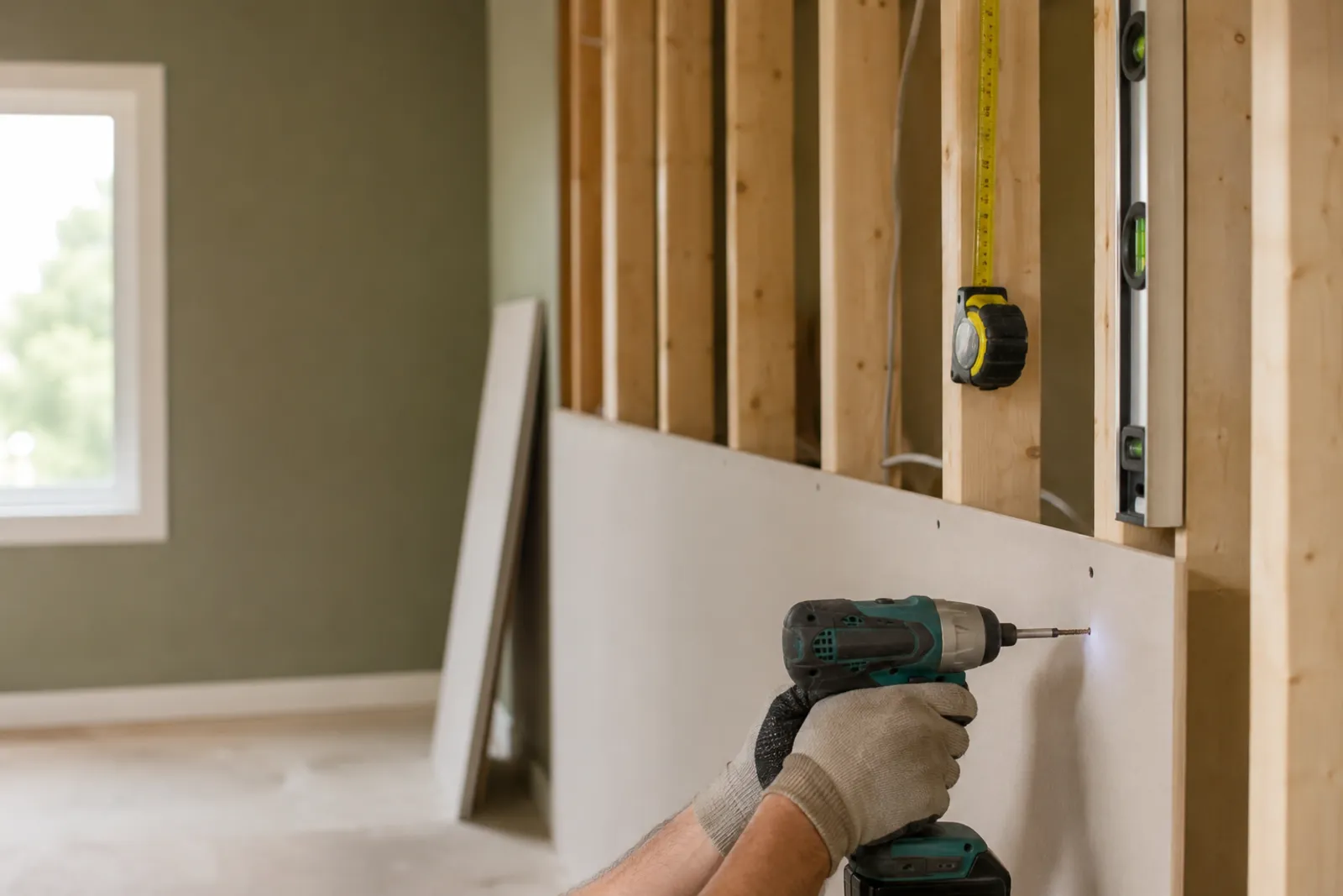 Hanging a drywall sheet on wood studs with a cordless drill