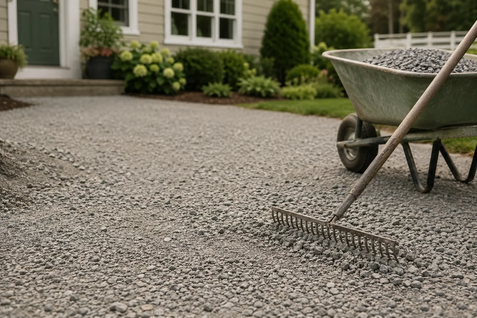 Raking fresh gravel level on a home driveway with a wheelbarrow