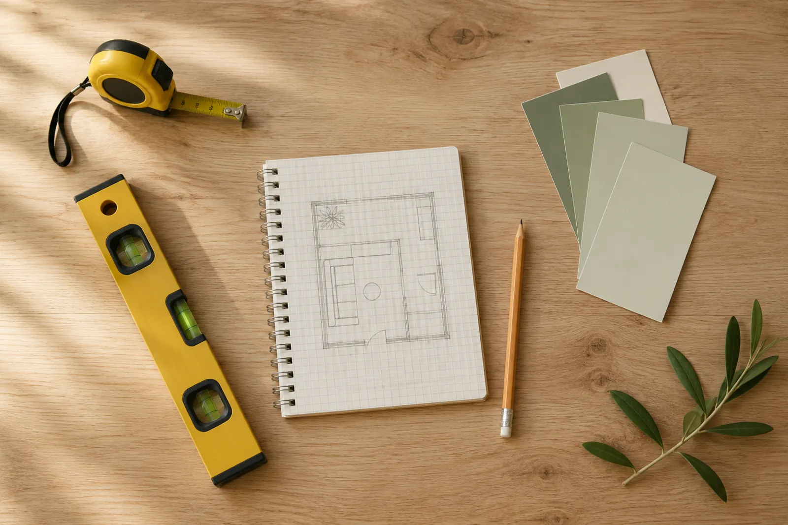 Overhead view of a DIY planning workbench with a floor plan sketch, tape measure, level, and paint swatches