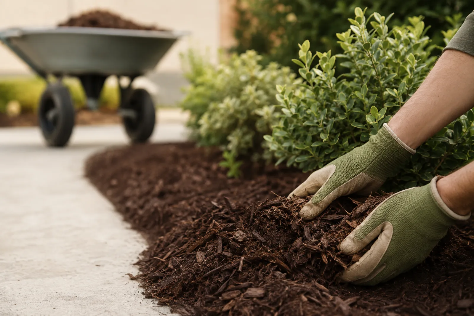 Spreading brown mulch around shrubs with a wheelbarrow nearby