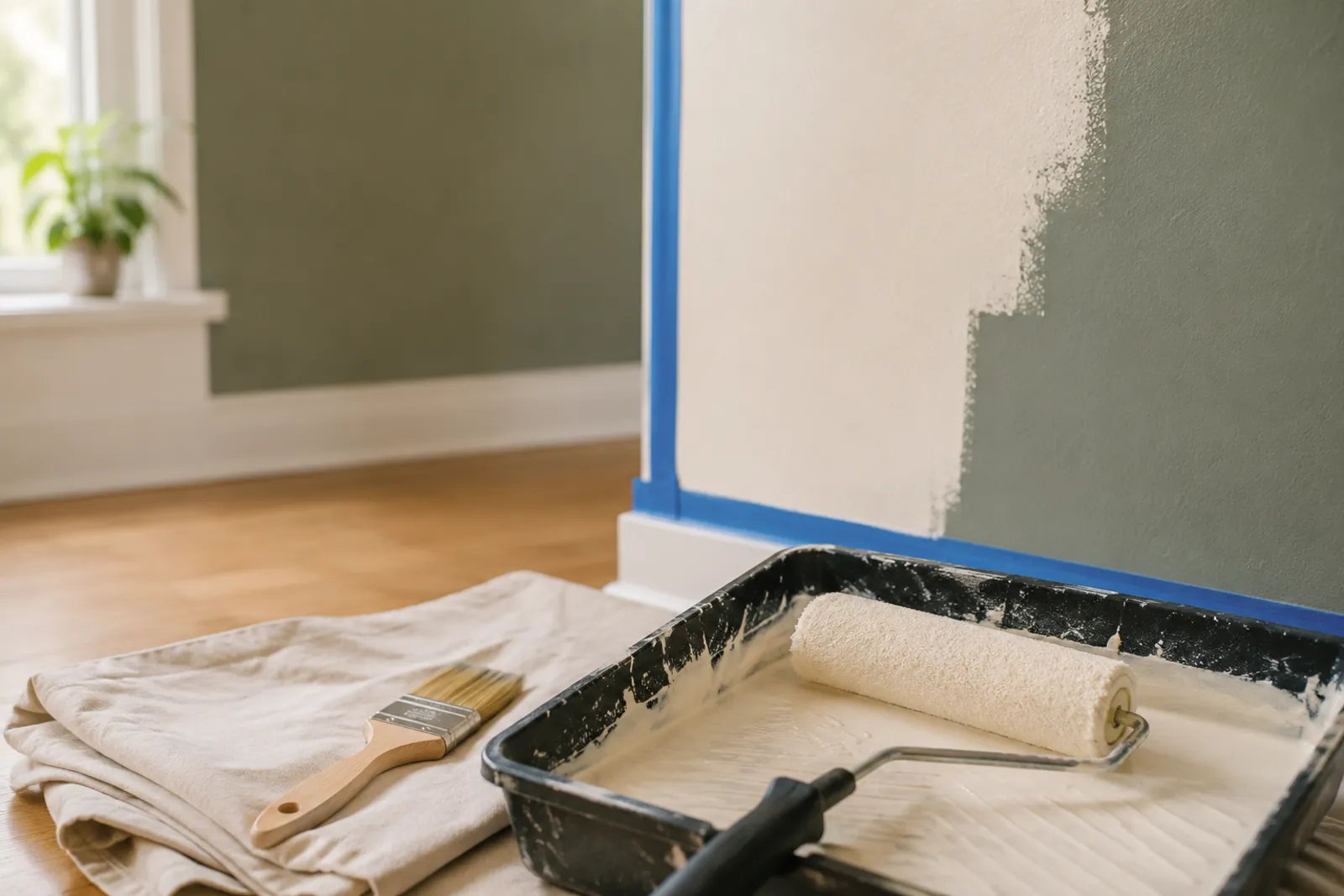 Paint roller tray and brush beside a taped, half-painted wall