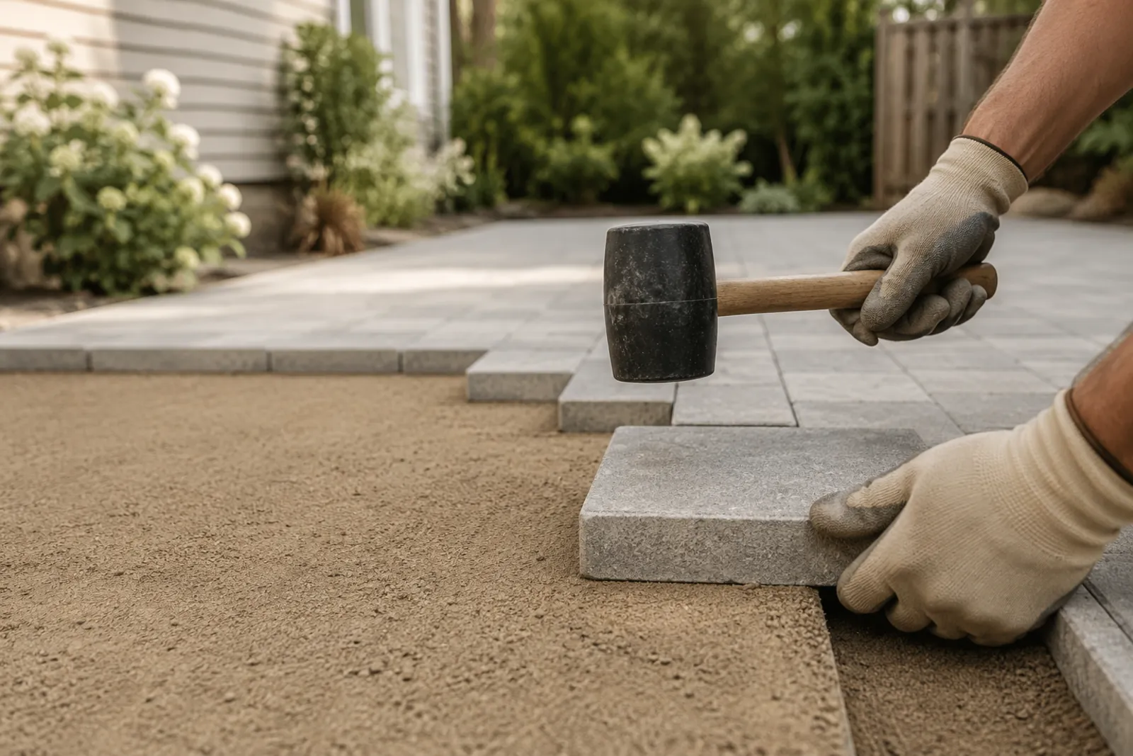 Setting patio pavers on a sand bed with a rubber mallet