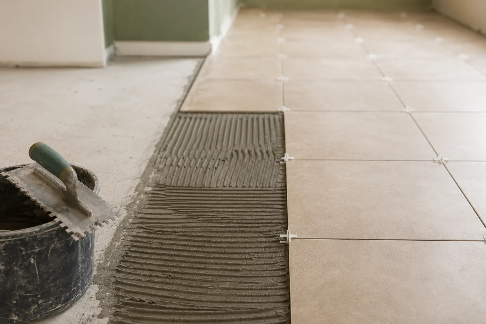 Laying floor tile on combed thinset with tile spacers
