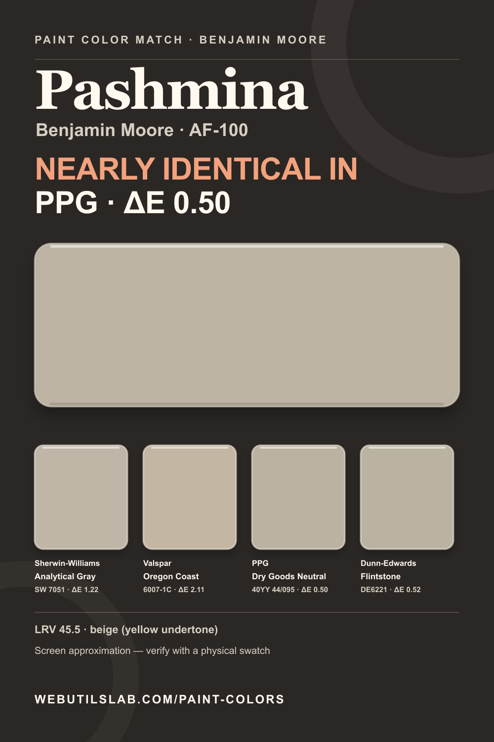 Pashmina (AF-100) Benjamin Moore swatch with closest matches
