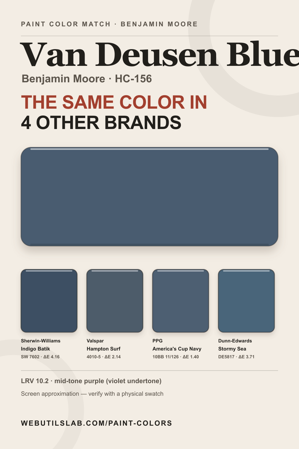 Van Deusen Blue (HC-156) Benjamin Moore swatch with closest matches