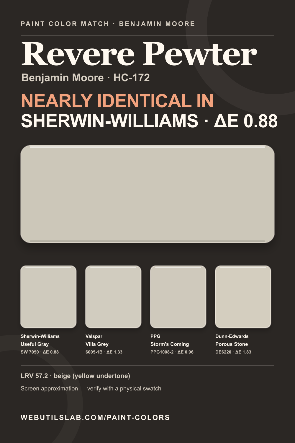 Revere Pewter (HC-172) Benjamin Moore swatch with closest matches