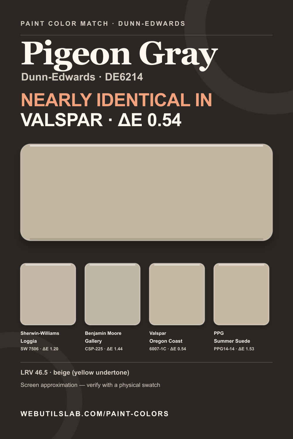 Pigeon Gray (DE6214) Dunn-Edwards swatch with closest matches