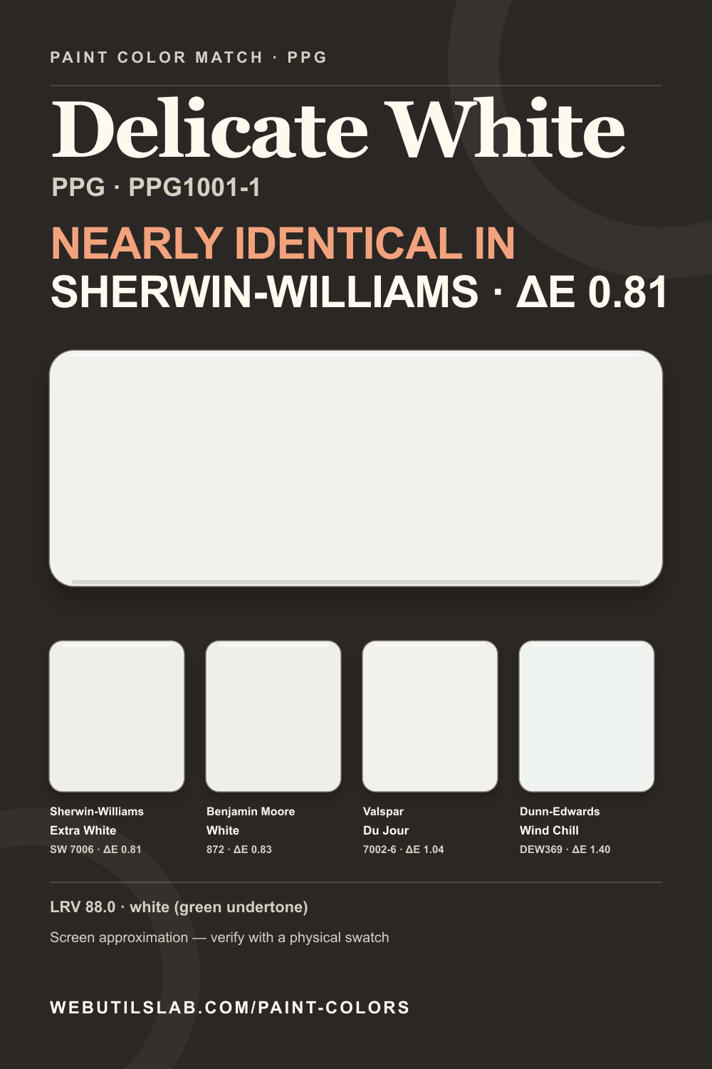 Delicate White (PPG1001-1) PPG swatch with closest matches