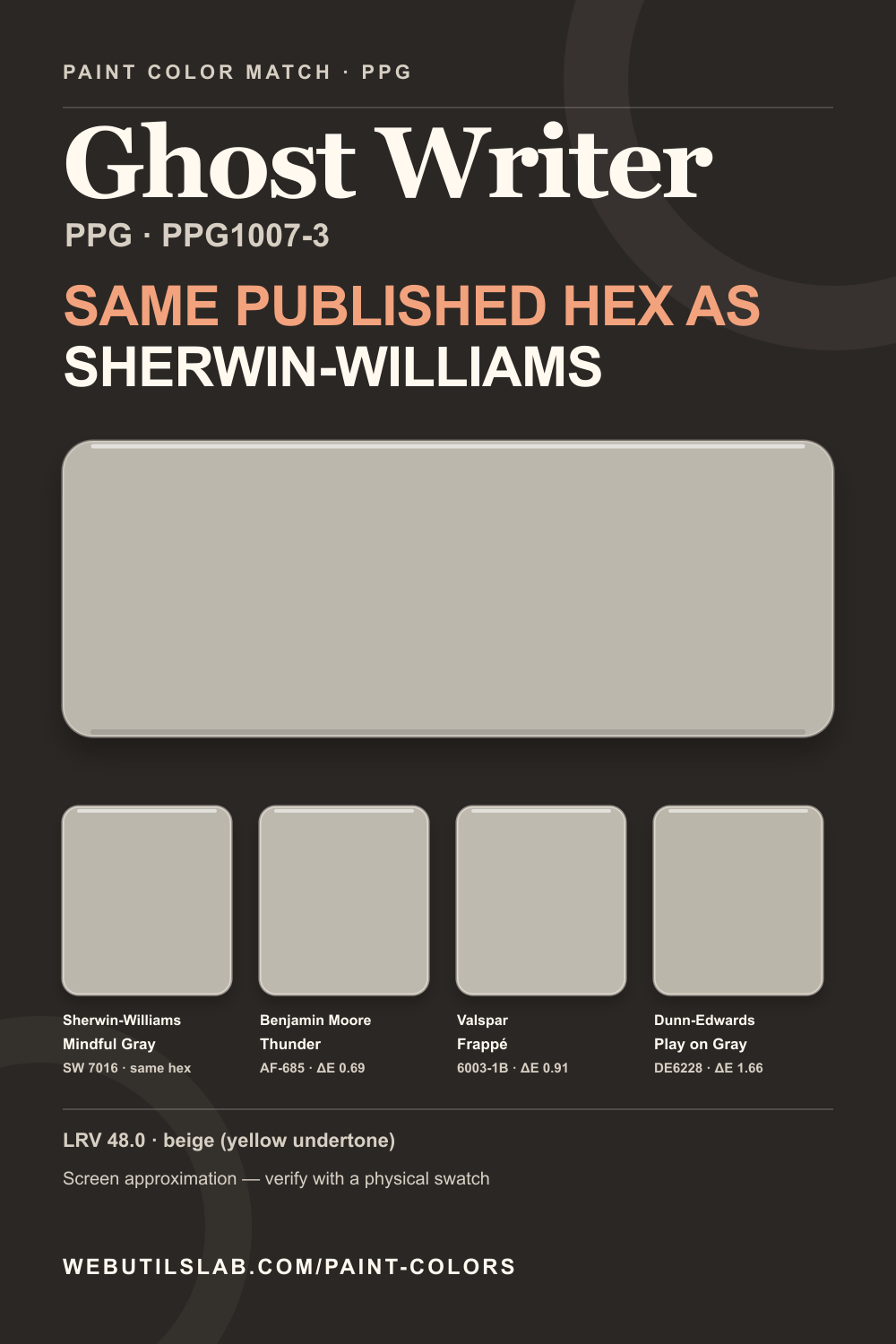 Ghost Writer (PPG1007-3) PPG swatch with closest matches