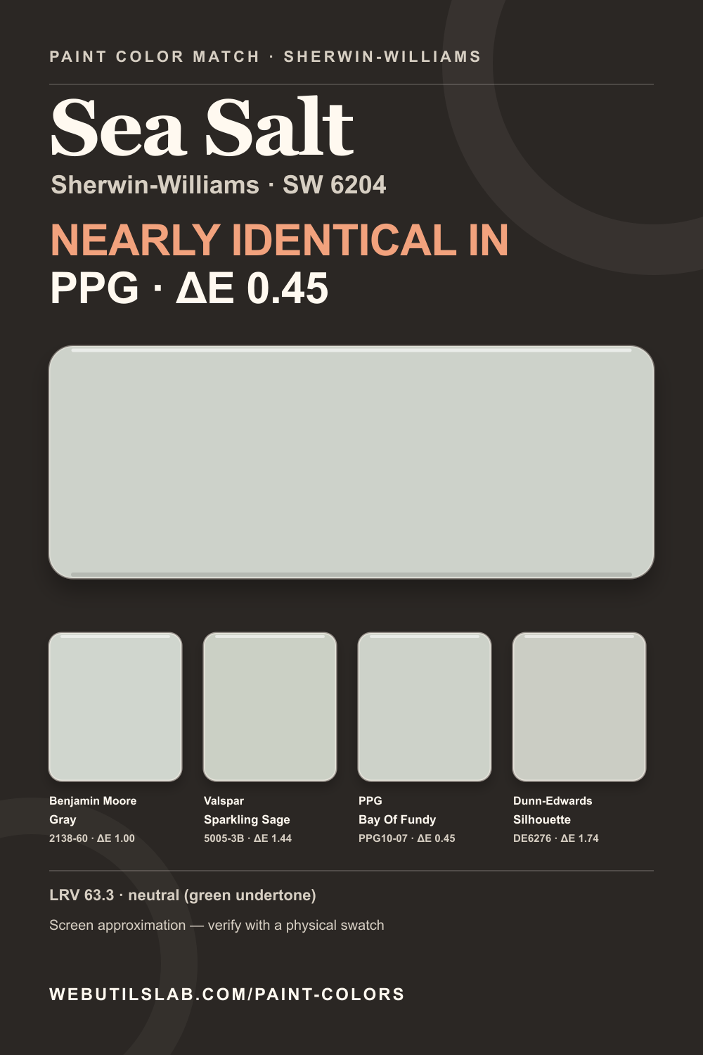 Sea Salt (SW 6204) Sherwin-Williams swatch with closest matches
